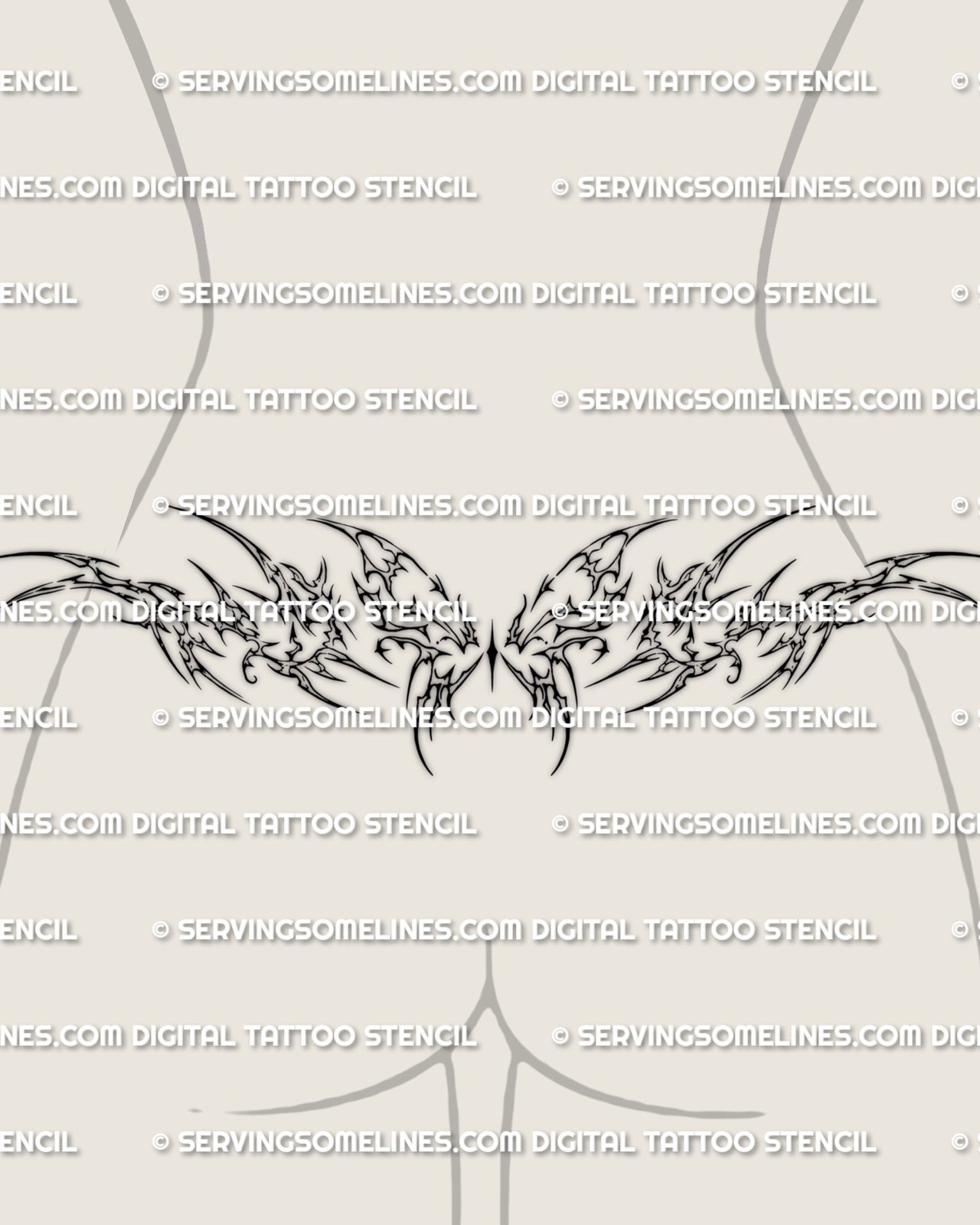 Cybersigilism butterfly tattoo shown on lower back placement, with a centered butterfly and pointed cyber wings.