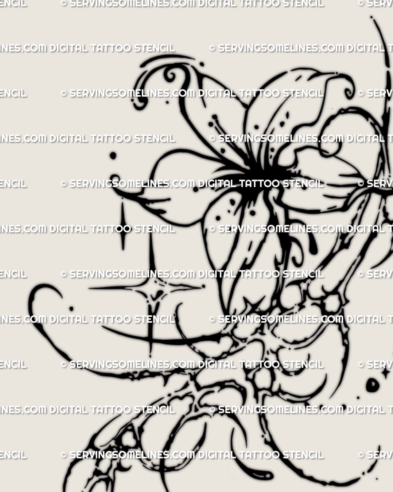 Cybersigil flower stencil close detail, printable floral tattoo download with sharp linework and clear structure.