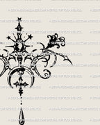 Dark cybersigil pendant tattoo stencil with moon, stars, cross and baroque elements shown as a clean digital preview without body placement