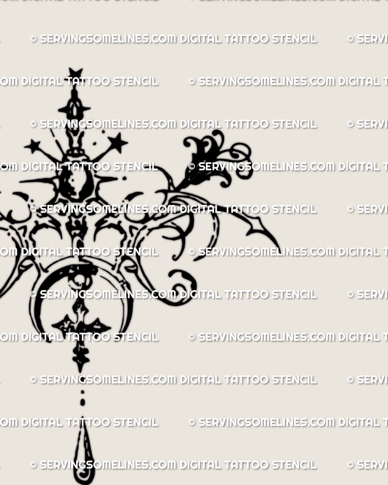 Dark cybersigil pendant tattoo stencil with moon, stars, cross and baroque elements shown as a clean digital preview without body placement