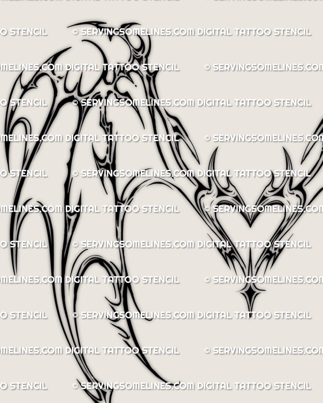 cybersigil heart dragon wings tattoo stencil with sharp cyber tribal curves, feminine wing outline and clean lines for back, stomach or lower back