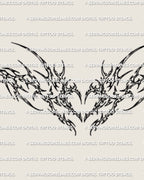 Close detail of cybersigil heart tattoo stencil with pointed linework, dark heart shape, and sharp lower back design