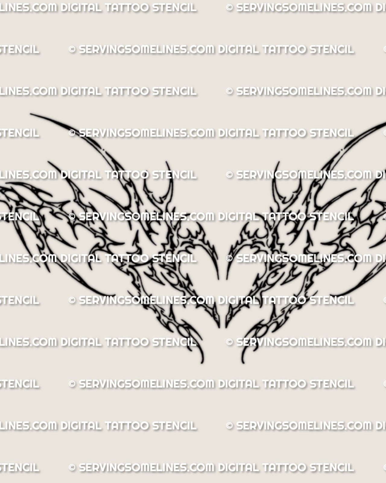 Close detail of cybersigil heart tattoo stencil with pointed linework, dark heart shape, and sharp lower back design
