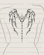 Cyber sigil heart wings tattoo stencil with dragon influenced shape and star spine chain, shown on women’s upper to mid back scaled slightly smaller
