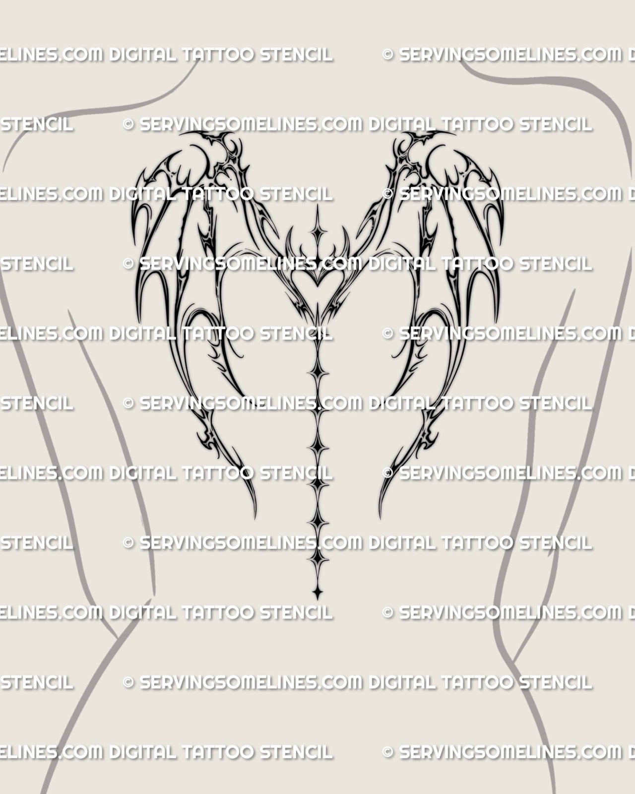Cyber sigil heart wings tattoo stencil with dragon influenced shape and star spine chain, shown on women’s upper to mid back scaled slightly smaller
