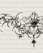 Close detail of cybersigil lily tattoo stencil with floral linework, pointed cyber frame, and lower back design