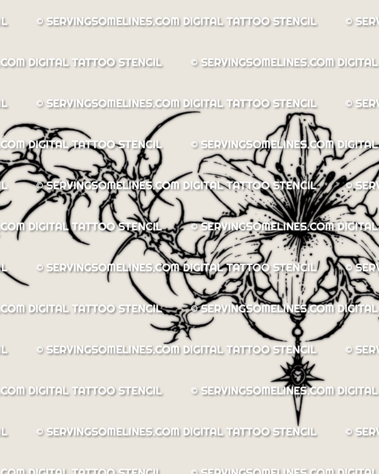 Close detail of cybersigil lily tattoo stencil with floral linework, pointed cyber frame, and lower back design