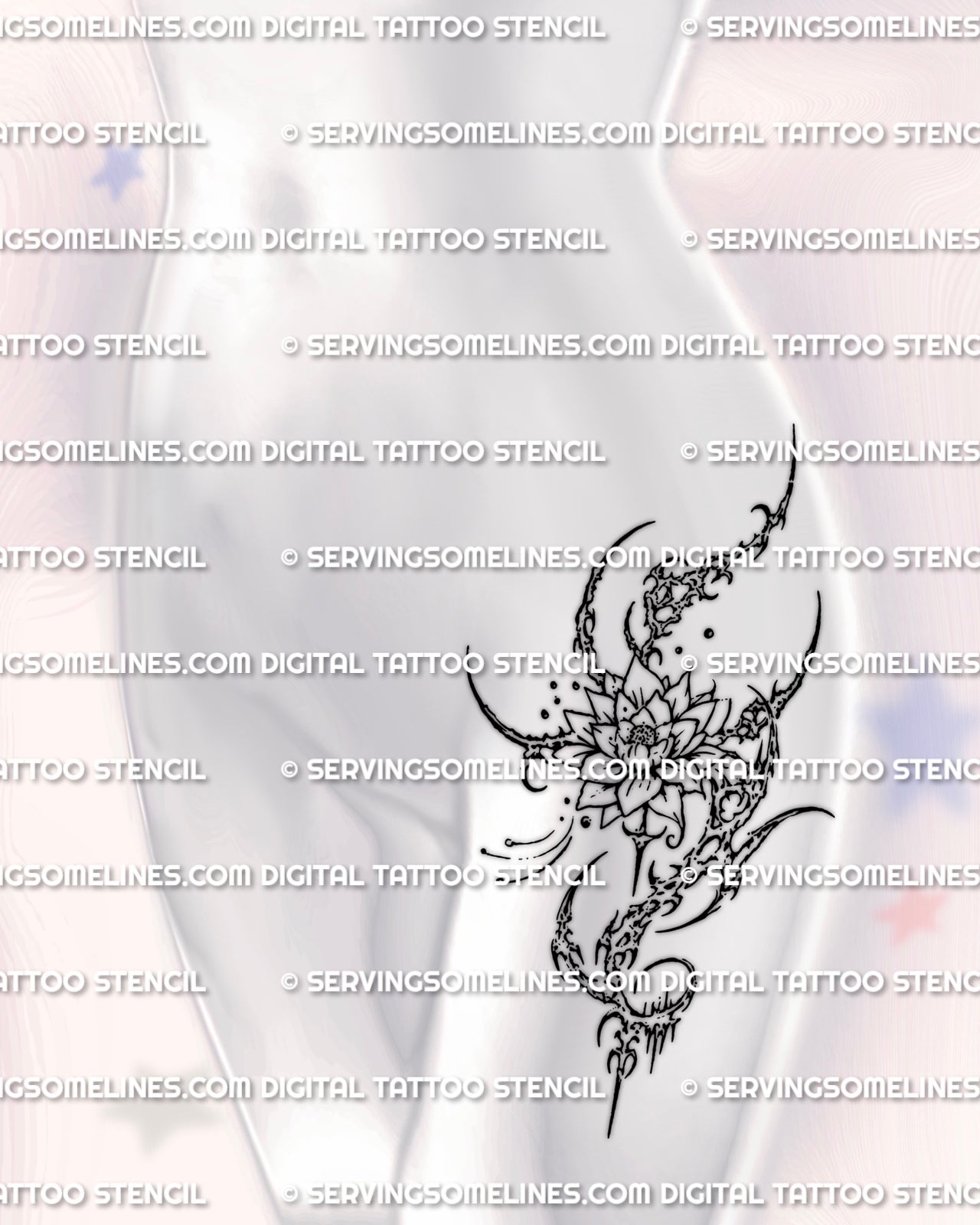 Cybersigil lotus flower tattoo displayed on feminine hip placement example, printable stencil download with clear linework.