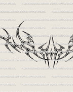 metal inspired cybersigil tribal flame tattoo design with polished chrome shading and long horizontal razor arcs for waistline tattoos