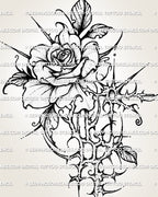 Close detail of cybersigil rose tattoo showing clear petals, sharp edges, and stylized floral structure