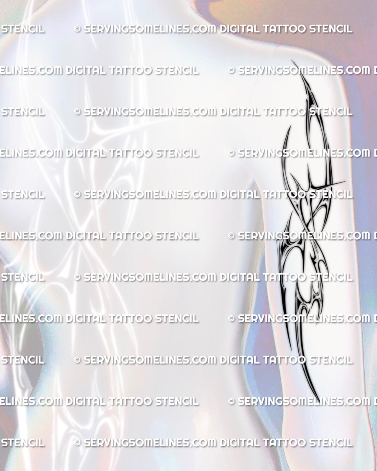 cybersigil tattoo stencil displayed as upper arm or back piece size option, abstract cyber tribal shape with chrome accents for larger areas