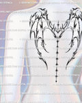 Cyber sigil wings full back tattoo stencil with dragon inspired spikes and sparkle chain, shown on upper back placement for spine focused design