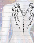Cyber sigil wings full back tattoo stencil with dragon inspired spikes and sparkle chain, shown on upper back placement for spine focused design