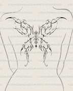 womens upper back mockup showing abstract cybersigil wings tattoo with soft spikes and smooth linework shaped to follow shoulder and spine curves
