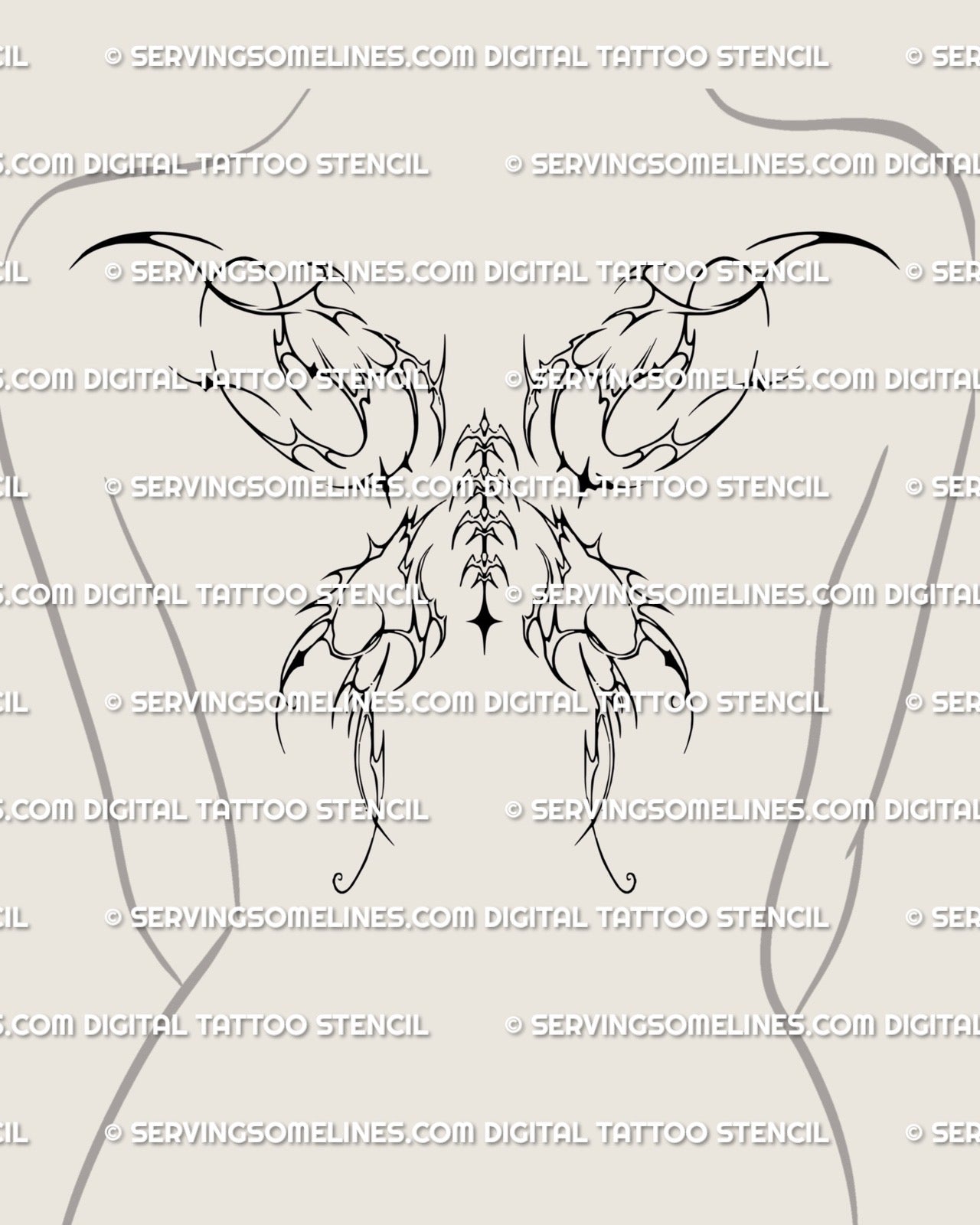 womens upper back mockup showing abstract cybersigil wings tattoo with soft spikes and smooth linework shaped to follow shoulder and spine curves
