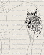 Cybersigil wolf head tattoo shown on mens upper arm placement preview, sharp animal stencil for clean transfer.