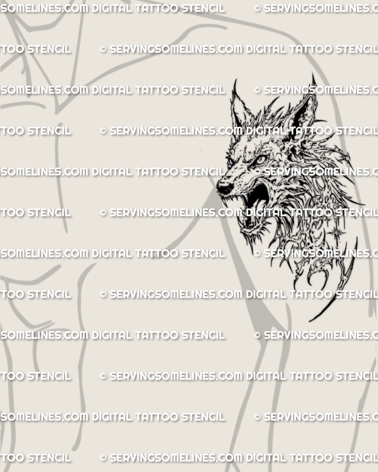 Cybersigil wolf head tattoo shown on mens upper arm placement preview, sharp animal stencil for clean transfer.