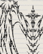close up of cybersigil wings with cyber tribal cross and spine ornament, high detail linework showing futuristic angel aesthetic