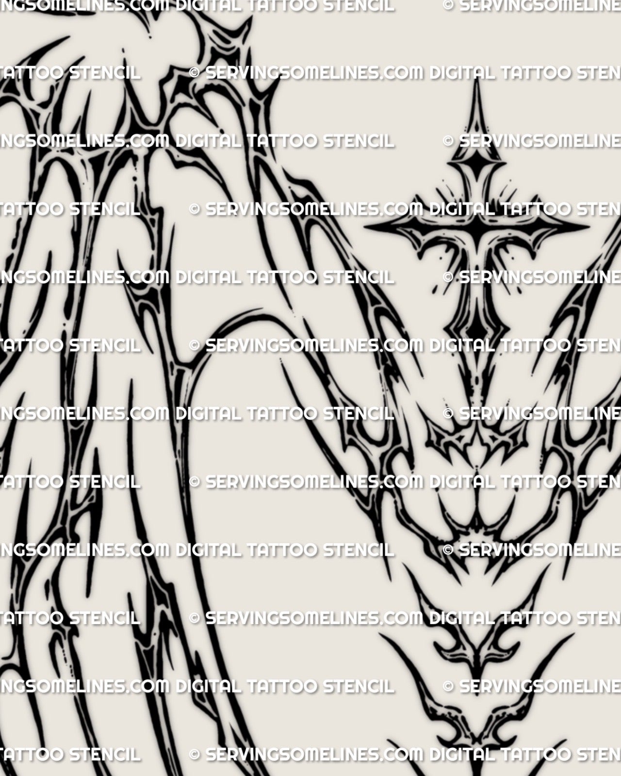 close up of cybersigil wings with cyber tribal cross and spine ornament, high detail linework showing futuristic angel aesthetic