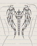 cybersigil wings and cross back tattoo stencil shown on woman, cyber tribal angel style with detailed spine shapes for full back placement