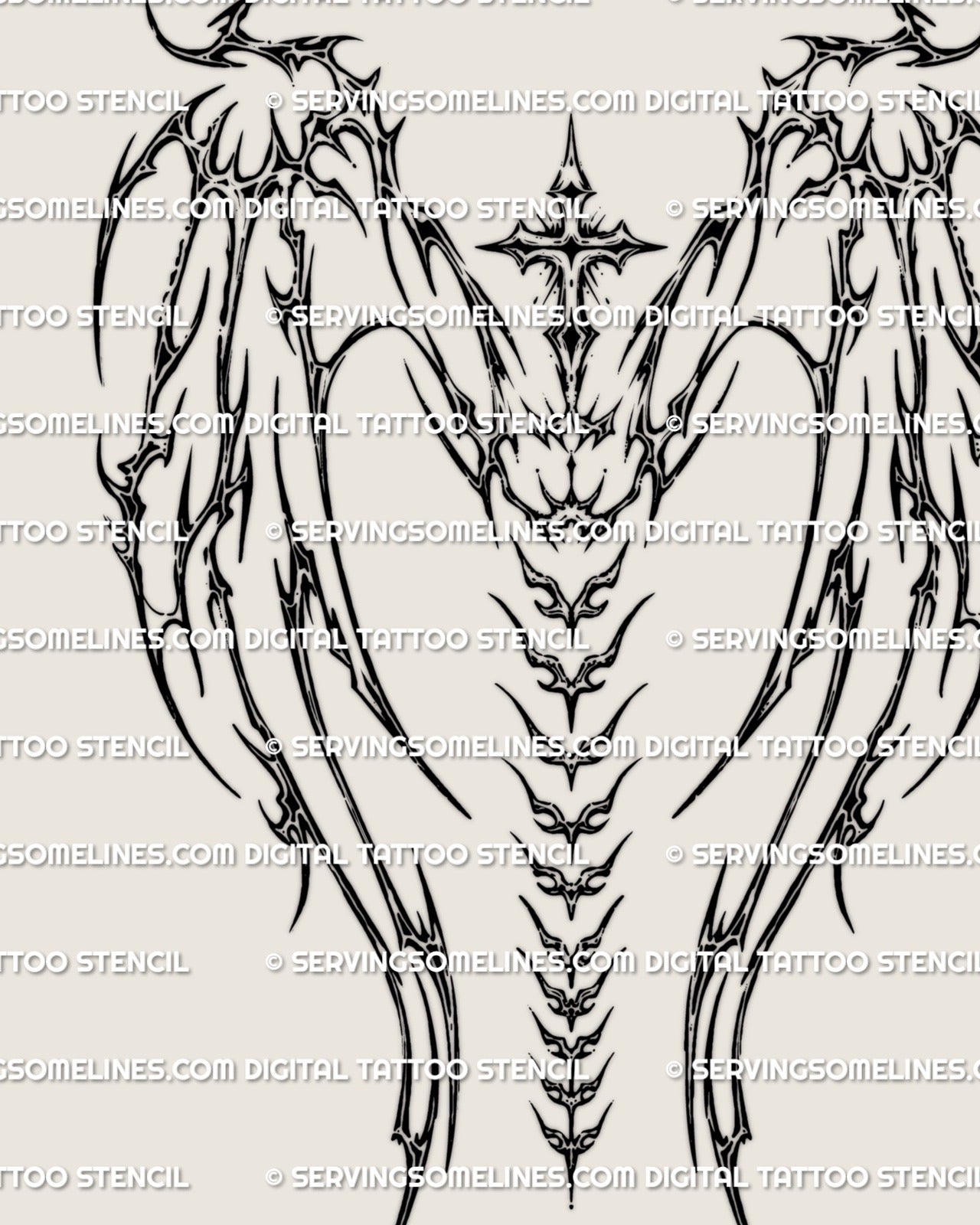 full cybersigil wings tattoo design with cyber tribal cross and spine elements, detailed futuristic angel backpiece lineart
