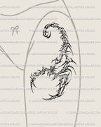 Cybersigil scorpion tattoo idea on the thigh, futuristic tribal linework with spiky ornamental detail for an alternative gothic aesthetic.
