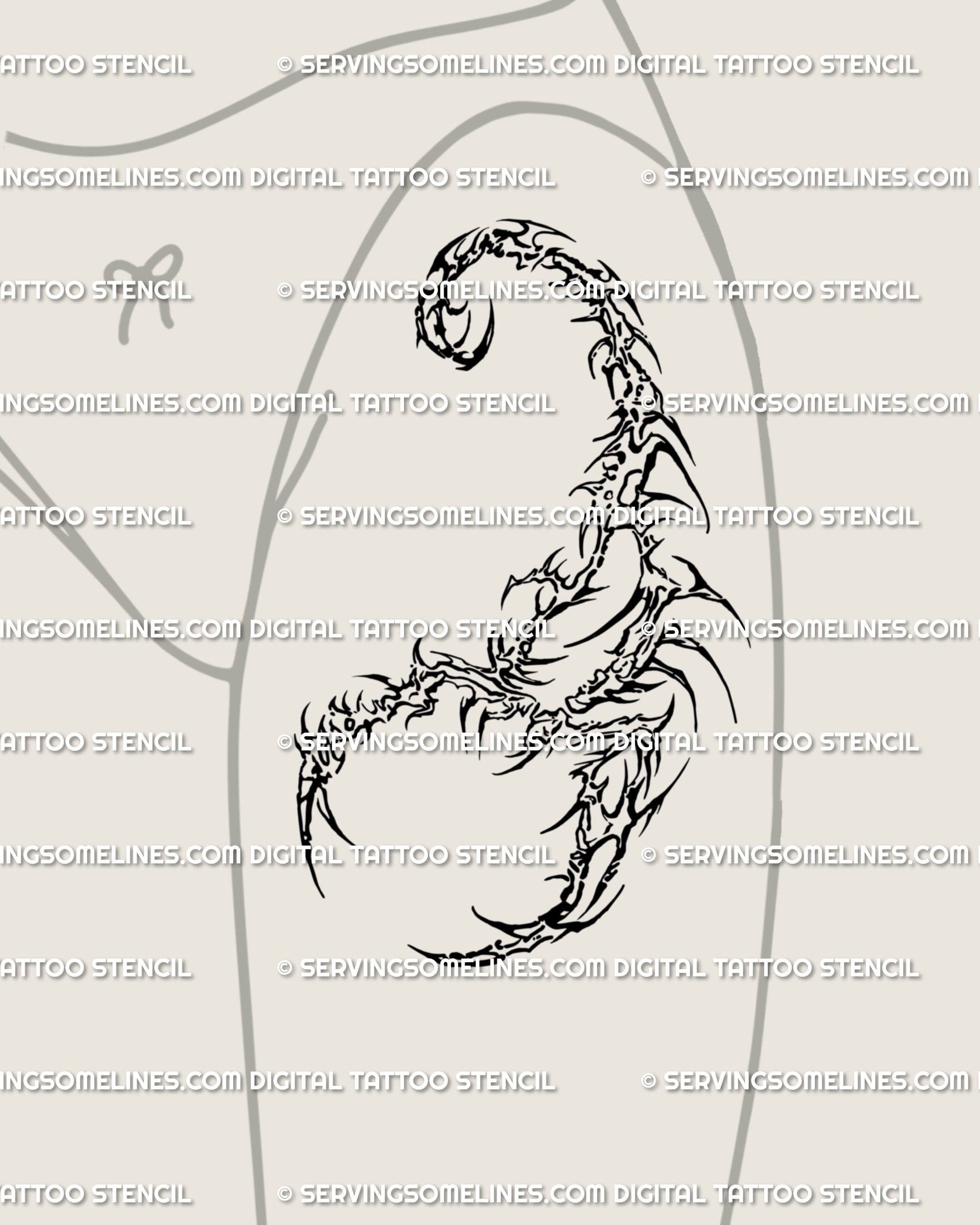 Cybersigil scorpion tattoo idea on the thigh, futuristic tribal linework with spiky ornamental detail for an alternative gothic aesthetic.