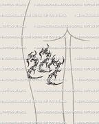 Cybersigilism 222 tattoo stencil displayed on back of thigh placement example, bold number read, stencil download files