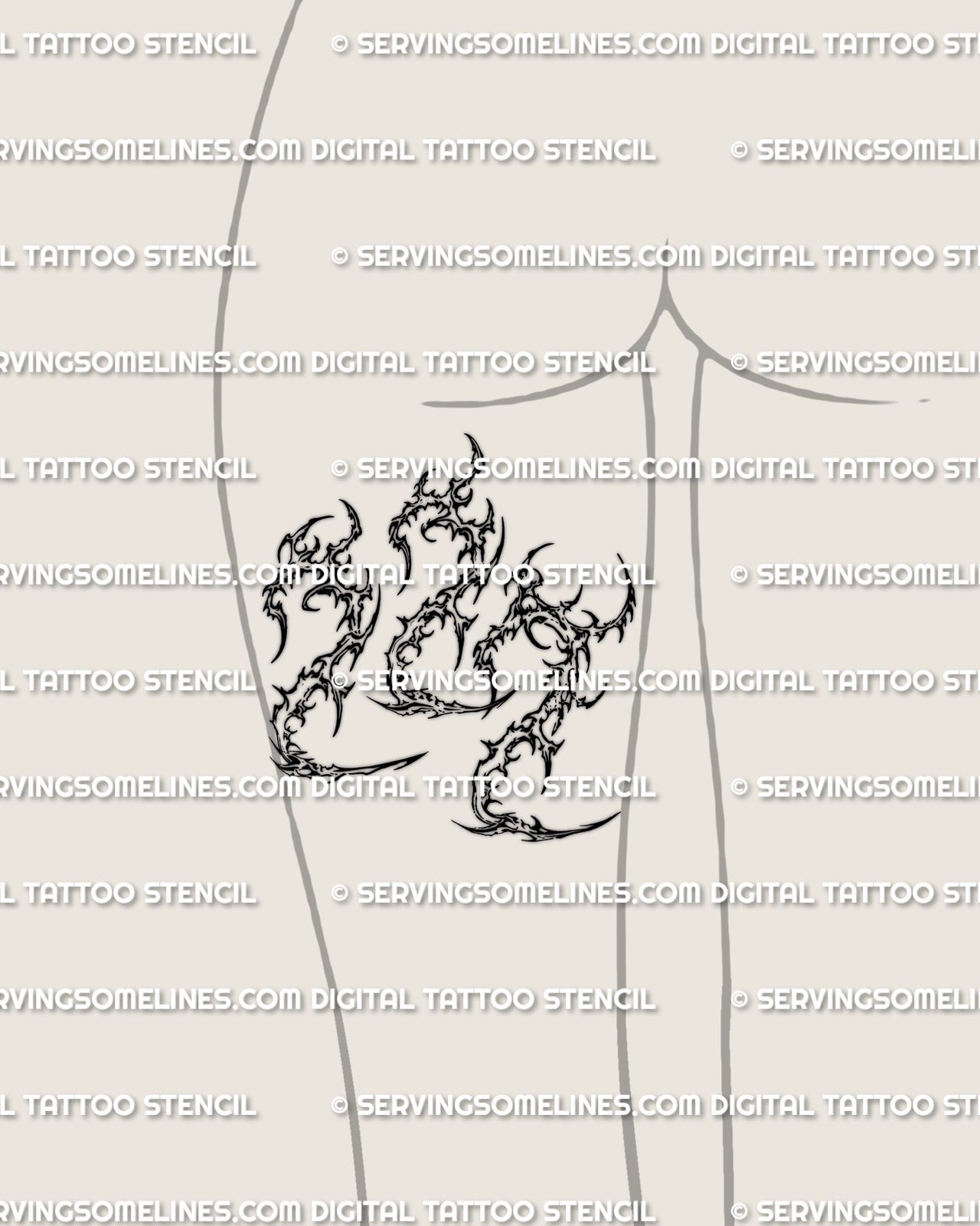 Cybersigilism 222 tattoo stencil displayed on back of thigh placement example, bold number read, stencil download files