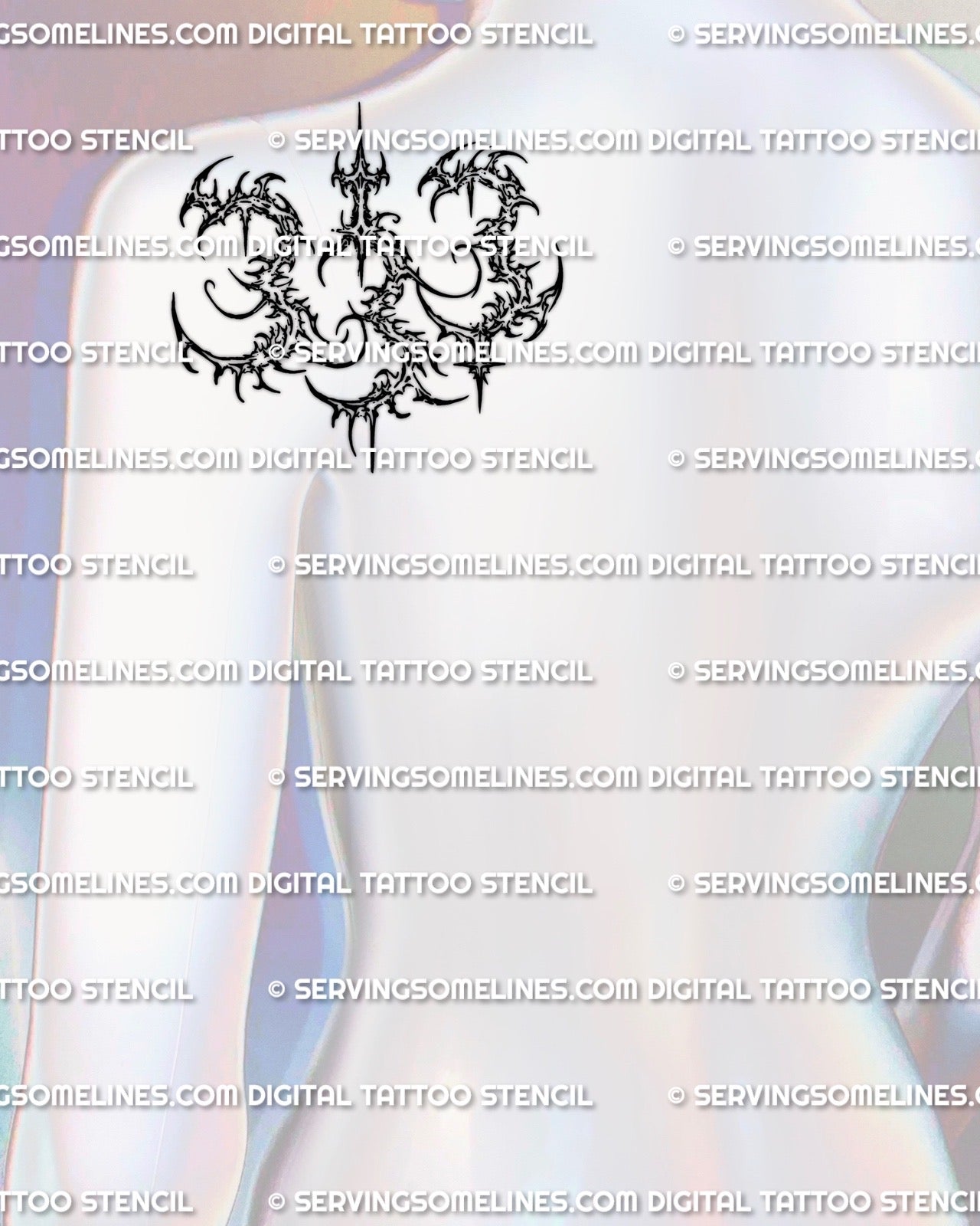 Cybersigilism 333 tattoo stencil shown on back shoulder placement preview, angel number 333 tattoo design download
