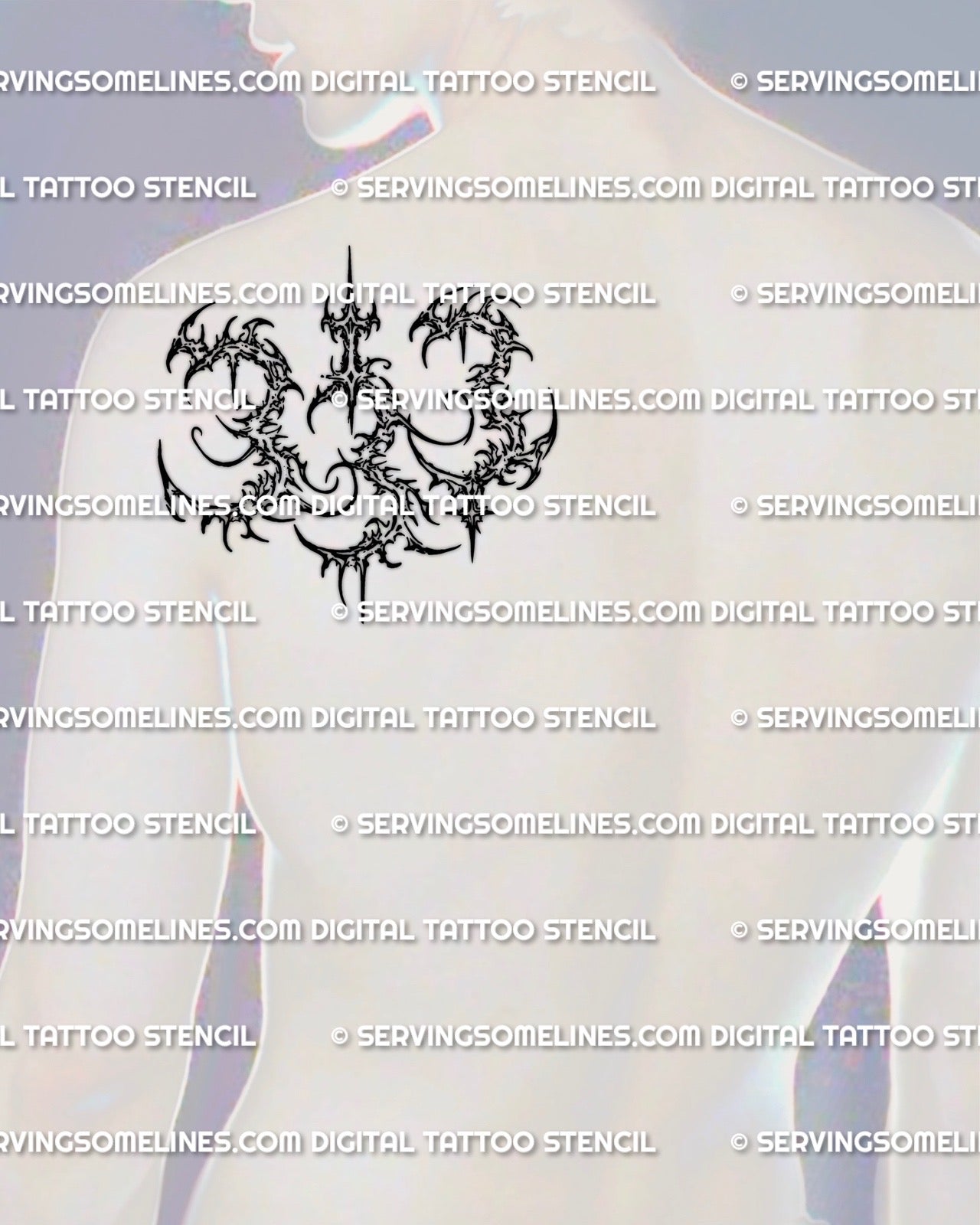 Cybersigilism number tattoo 333 shown on shoulder placement preview, printable 333 tattoo stencil file download
