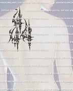 Upper back placement preview for cybersigilism 444 tattoo stencil, bold 444 number design with cyber sigil styling.