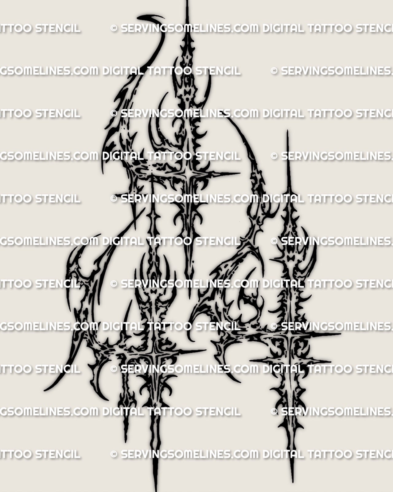 Cybersigilism 444 tattoo stencil download, sharp 444 angel number design, printable PNG JPG PDF files for clean stencil transfer.