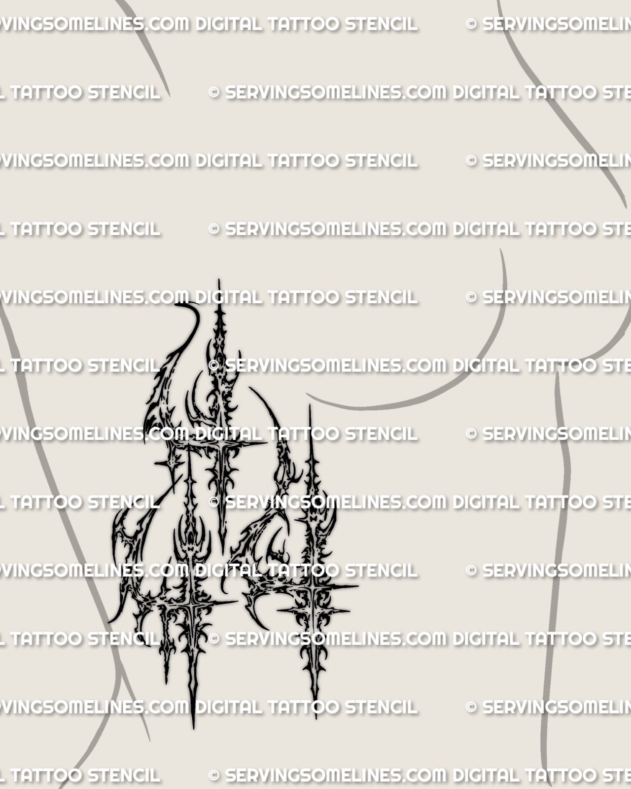 Feminine ribs placement preview, cybersigilism 444 tattoo stencil, angel number 444 design, print-ready files.