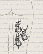 Cybersigilism 666 tattoo stencil shown on back of thigh placement, vertical 666 number design, PNG JPG PDF