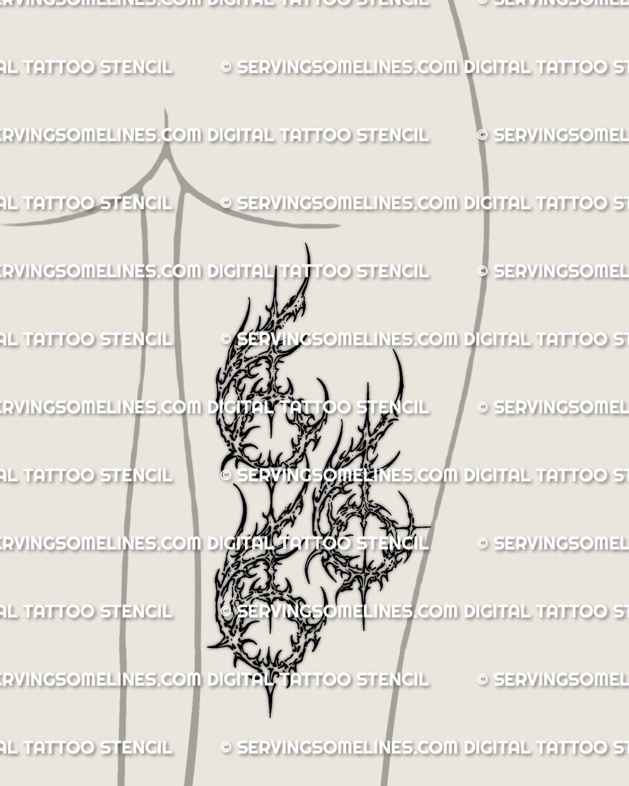 Cybersigilism 666 tattoo stencil shown on back of thigh placement, vertical 666 number design, PNG JPG PDF