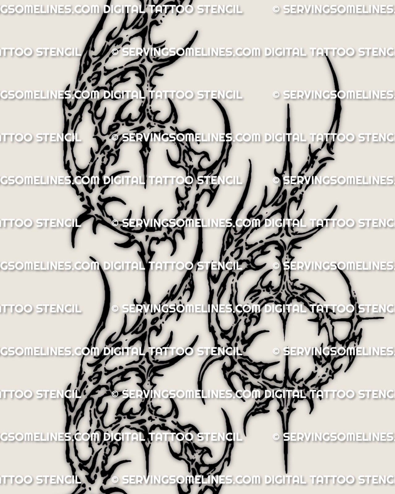 Close-up of cybersigilism 666 tattoo stencil, sharp hook strokes and clean spacing, digital stencil files download