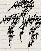Close view of cybersigilism 777 number tattoo stencil, pointed sigil strokes and clean breaks for crisp stencil transfer.