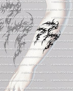 Forearm placement preview of cybersigilism 777 tattoo stencil download, vertical number design for arm placement.