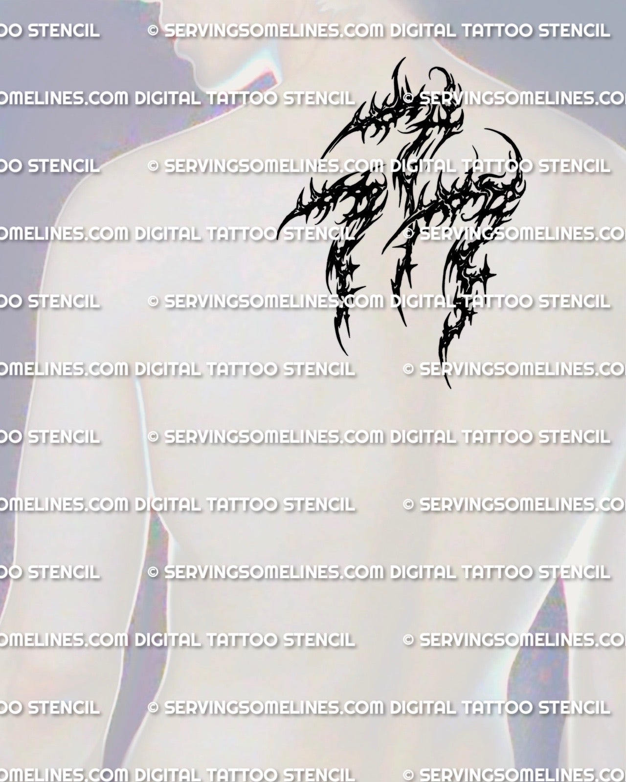 Upper back placement preview of cybersigilism 777 tattoo stencil download, tall number design centered between shoulders.