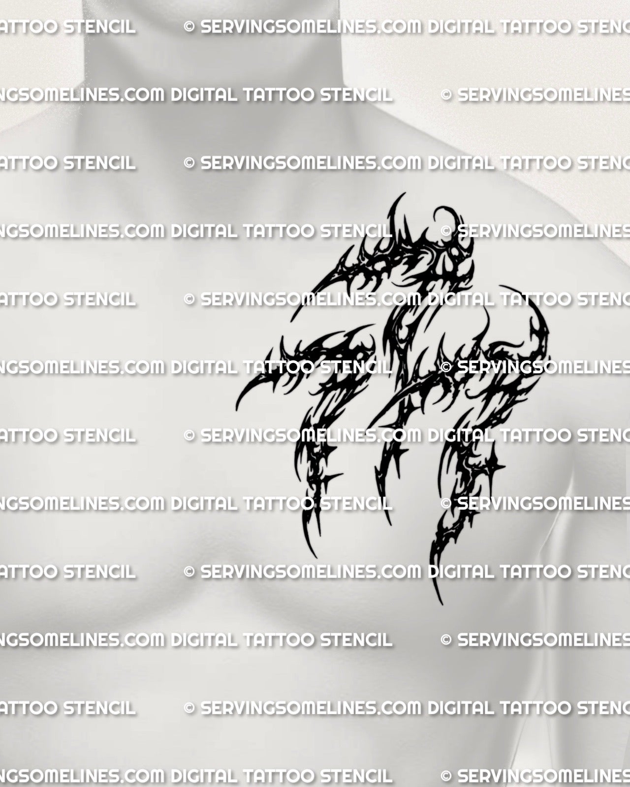 Men’s chest pec placement example for cybersigilism 777 tattoo stencil download, bold 777 number mark sized to center chest.