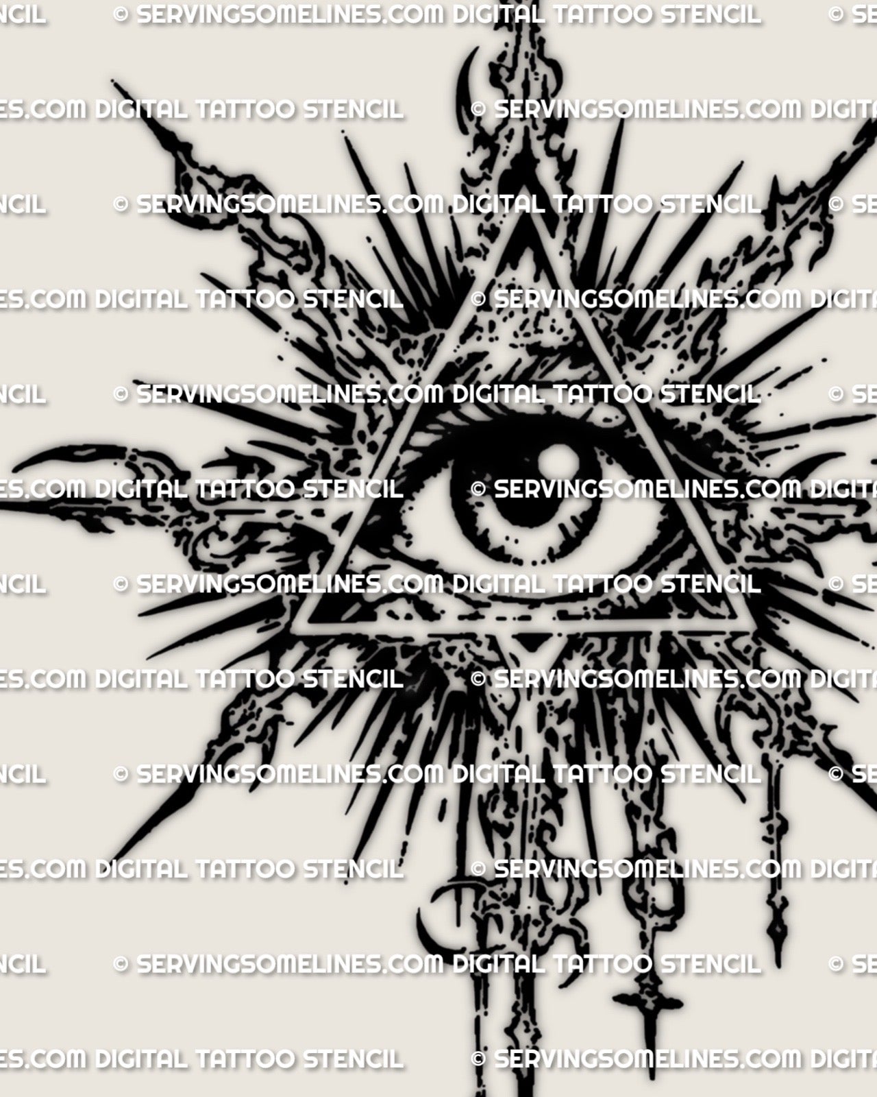 Cybersigilism all seeing eye tattoo stencil design, triangle eye emblem with printable PNG JPG PDF files for clean transfer.