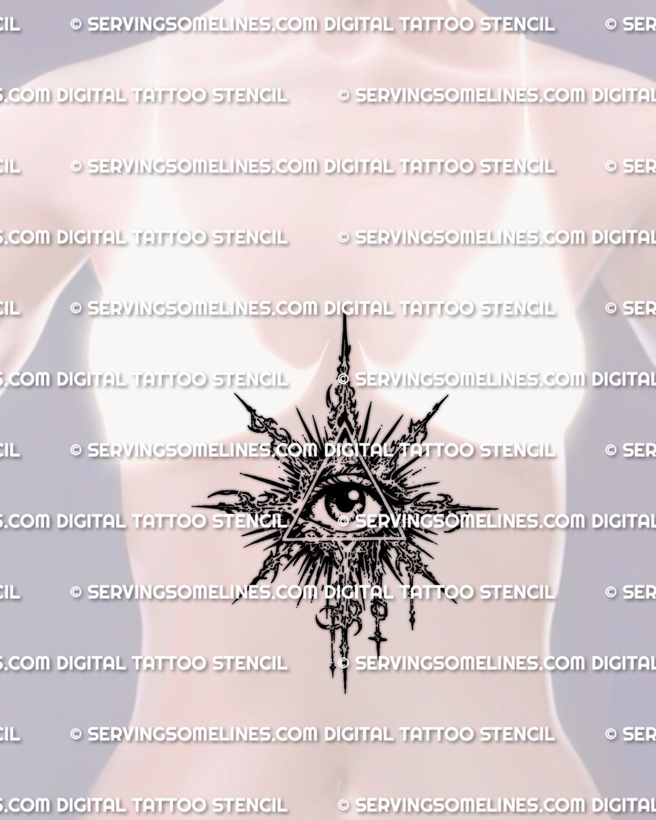 Cybersigilism all seeing eye stencil displayed on womens stomach sternum placement preview, triangle eye design with digital files.