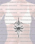 Cybersigilism angel sword tattoo displayed on women’s sternum placement with winged eye and chain charm details