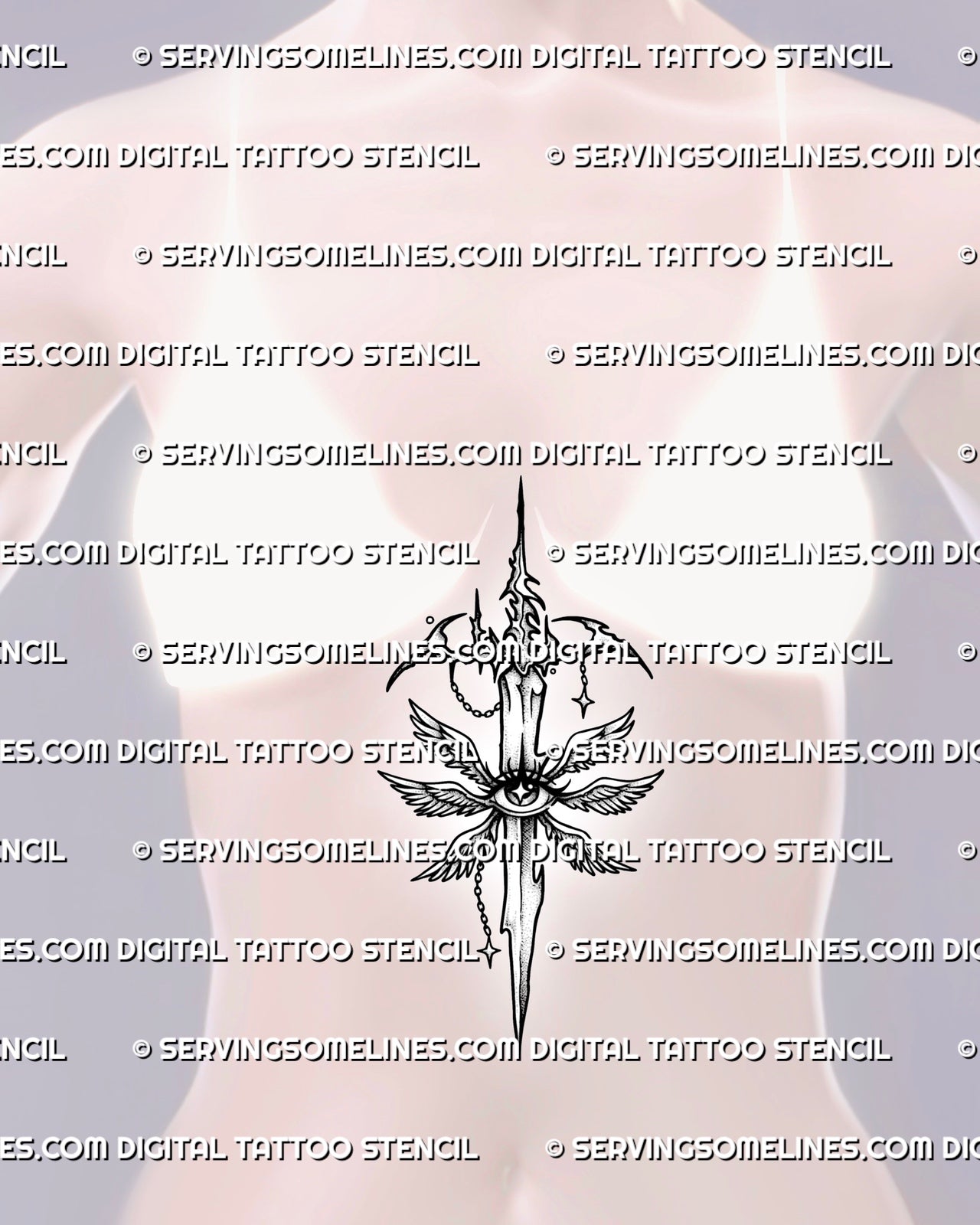 Cybersigilism angel sword tattoo displayed on women’s sternum placement with winged eye and chain charm details