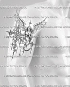 Cybersigilism angel tattoo stencil on a male bicep, showing the vertical angel, prayer hands, open wings, and sharp sacred frame.
