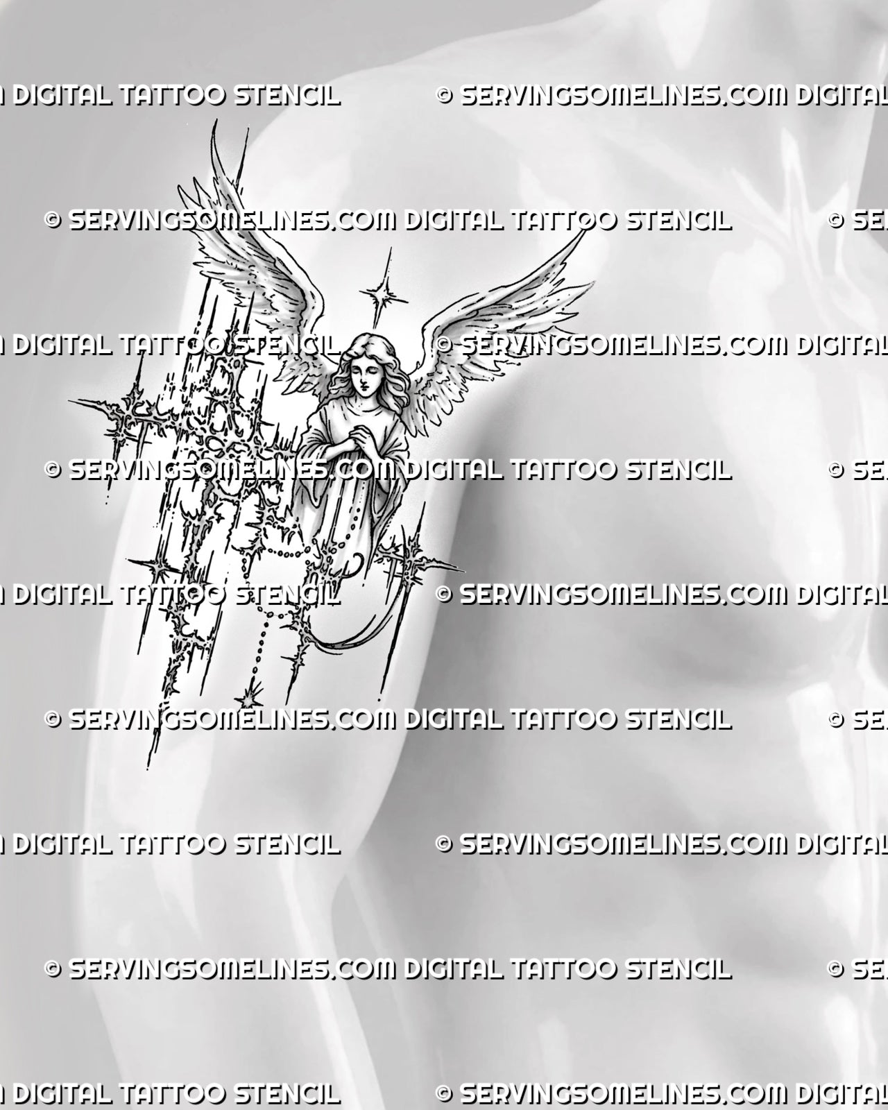Cybersigilism angel tattoo stencil on a male bicep, showing the vertical angel, prayer hands, open wings, and sharp sacred frame.