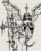 Cybersigilism angel tattoo stencil with wings and cross, clean linework digital design for stencil transfer and custom tattoo placement