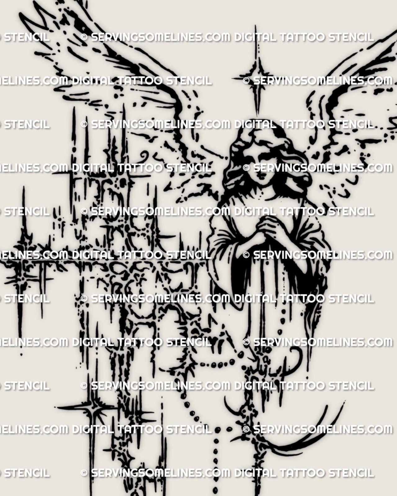 Cybersigilism angel tattoo stencil with wings and cross, clean linework digital design for stencil transfer and custom tattoo placement