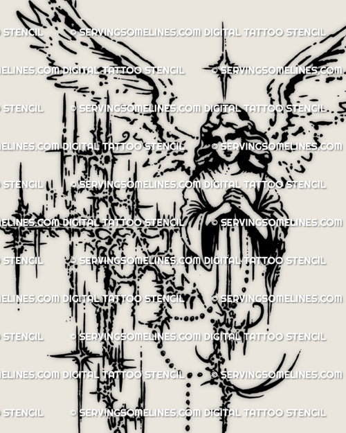 Cybersigilism angel tattoo stencil with wings and cross, clean linework digital design for stencil transfer and custom tattoo placement